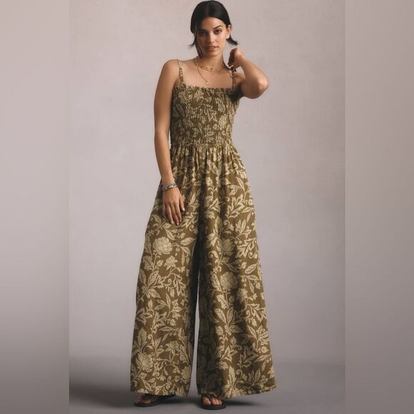 Pilcro Anthropologie Smocked Printed Linen Wide Leg Jumpsuit Medium Moss Floral - Picture 1 of 16